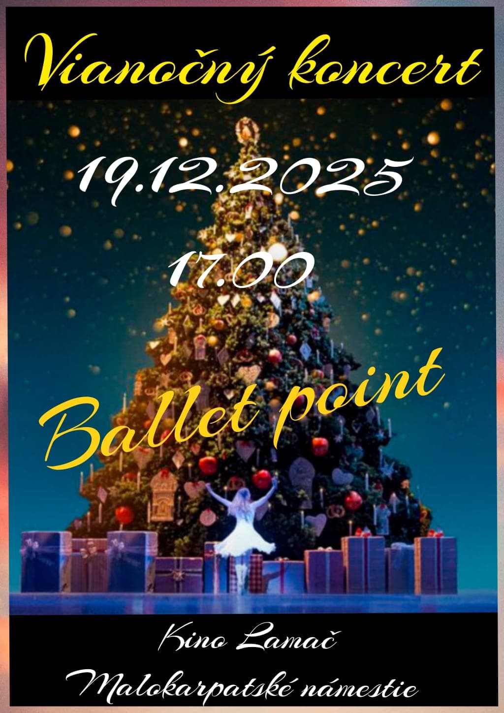 Plagát s informáciami o vianočnom koncerte žiakov Ballet pointu Lamač 19.12.2025