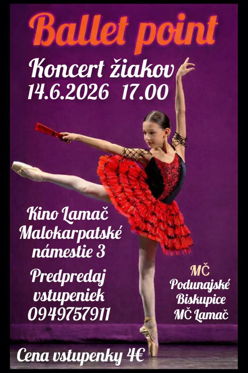 Plagát s informáciami o koncerte žiakov Ballet pointu Lamač a Ballet pointu Podunajské Biskupice